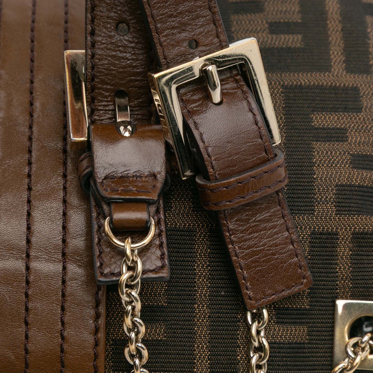 Fendi Zucca Canvas and Leather Chain Maxi Baguette Bruin