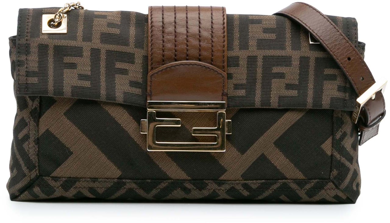 Fendi Zucca Canvas and Leather Chain Maxi Baguette Bruin