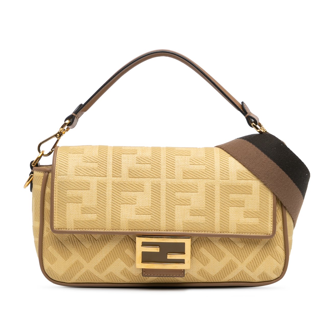 Fendi Zucca Embroidered Canvas Baguette Satchel Geel