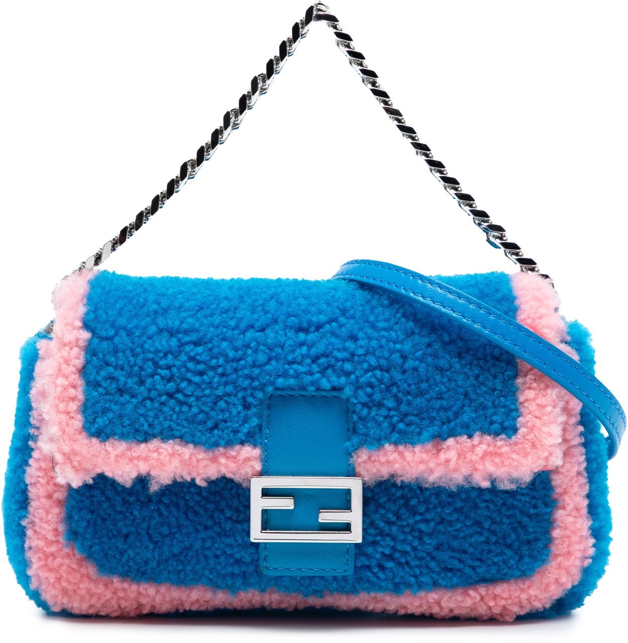 Fendi Micro Bicolor Shearling Baguette Satchel Blauw