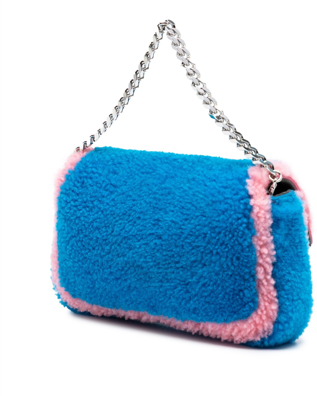 Fendi Micro Bicolor Shearling Baguette Satchel Blauw