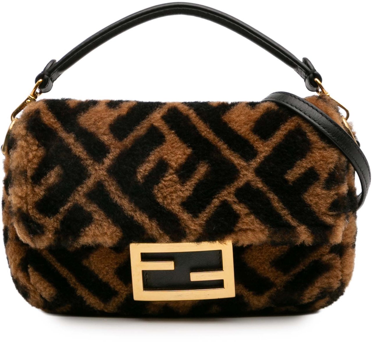 Fendi Mini Zucca Shearling Chain Baguette Satchel Bruin