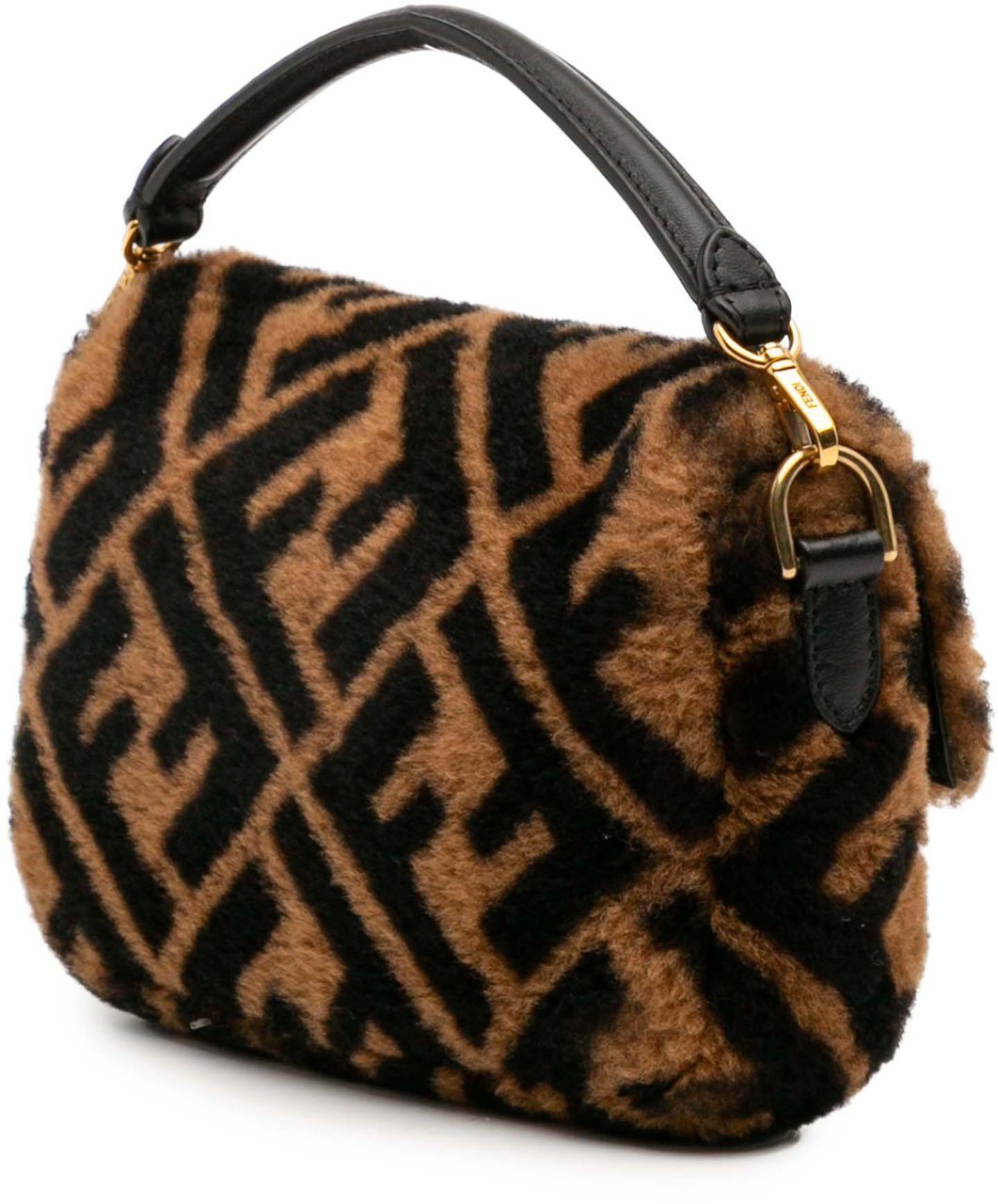 Fendi Mini Zucca Shearling Chain Baguette Satchel Bruin