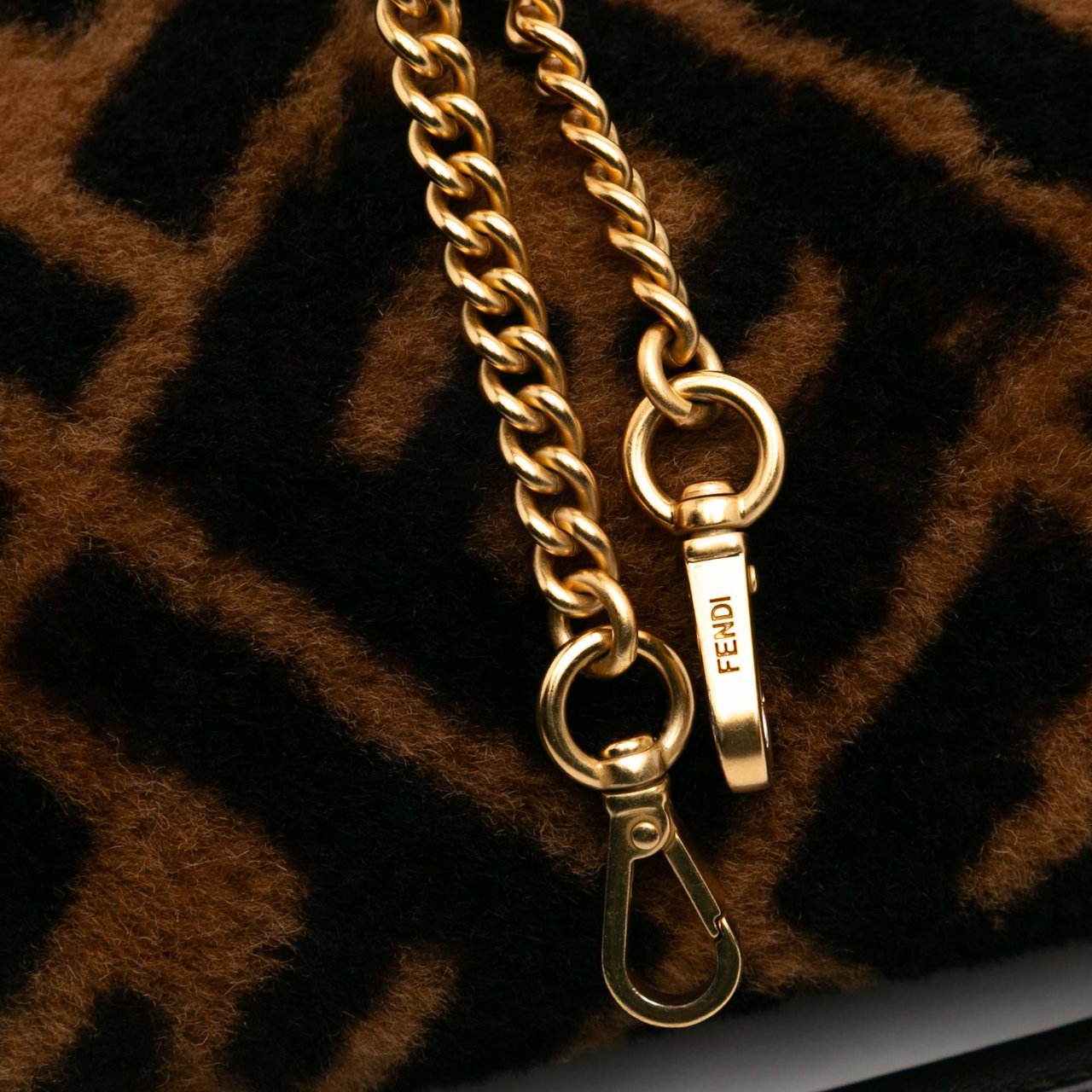 Fendi Mini Zucca Shearling Chain Baguette Satchel Bruin