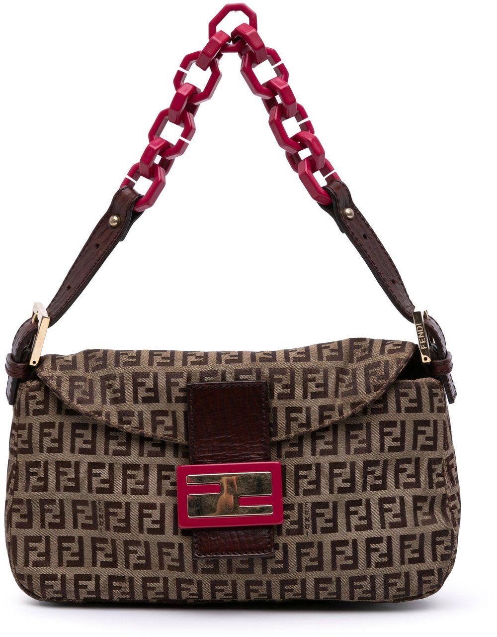 Fendi Zucchino Canvas Double Flap Chain Shoulder Bag Bruin