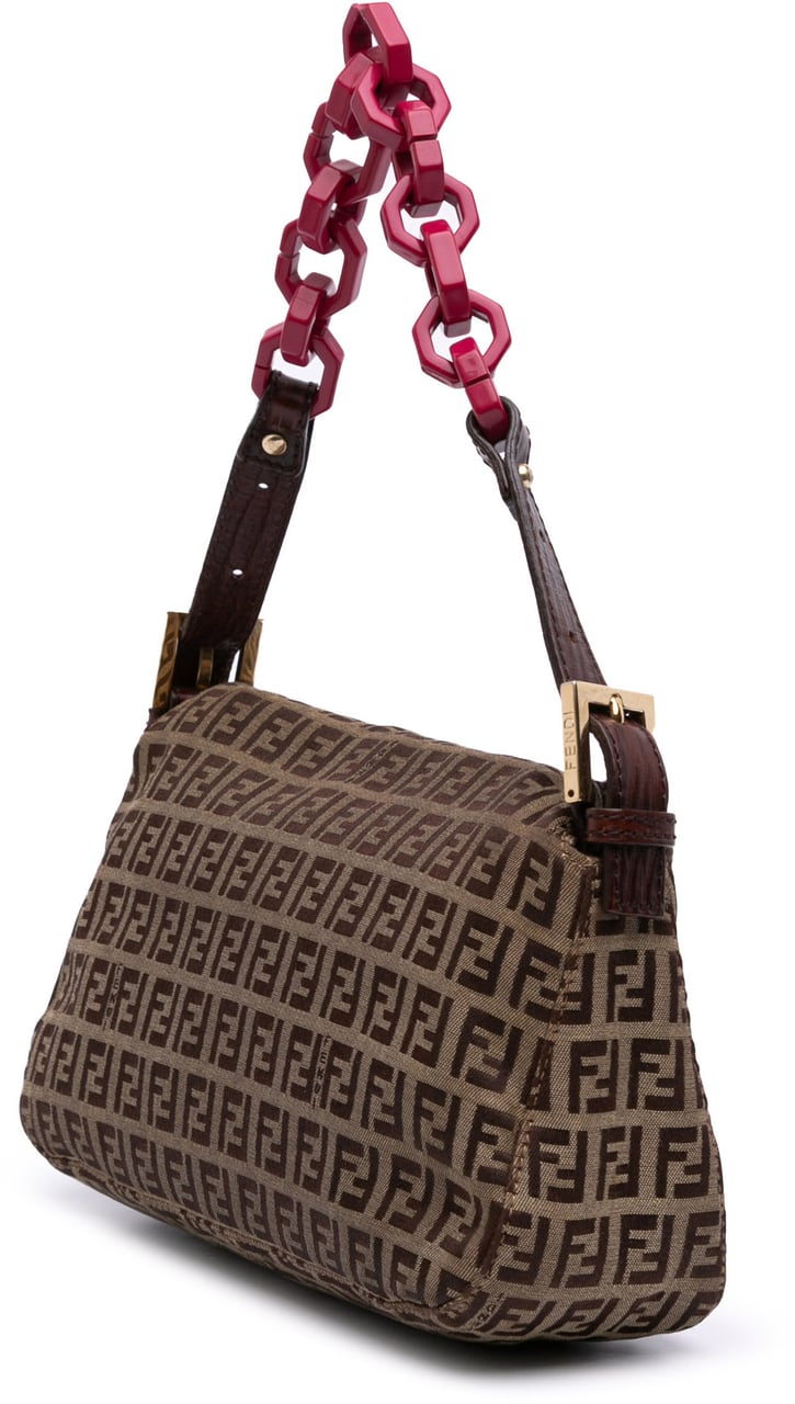Fendi Zucchino Canvas Double Flap Chain Shoulder Bag Bruin