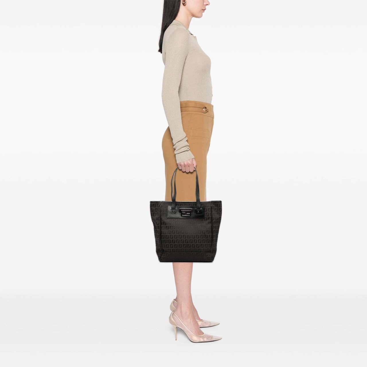 Fendi Zucchino Canvas Tote Bruin
