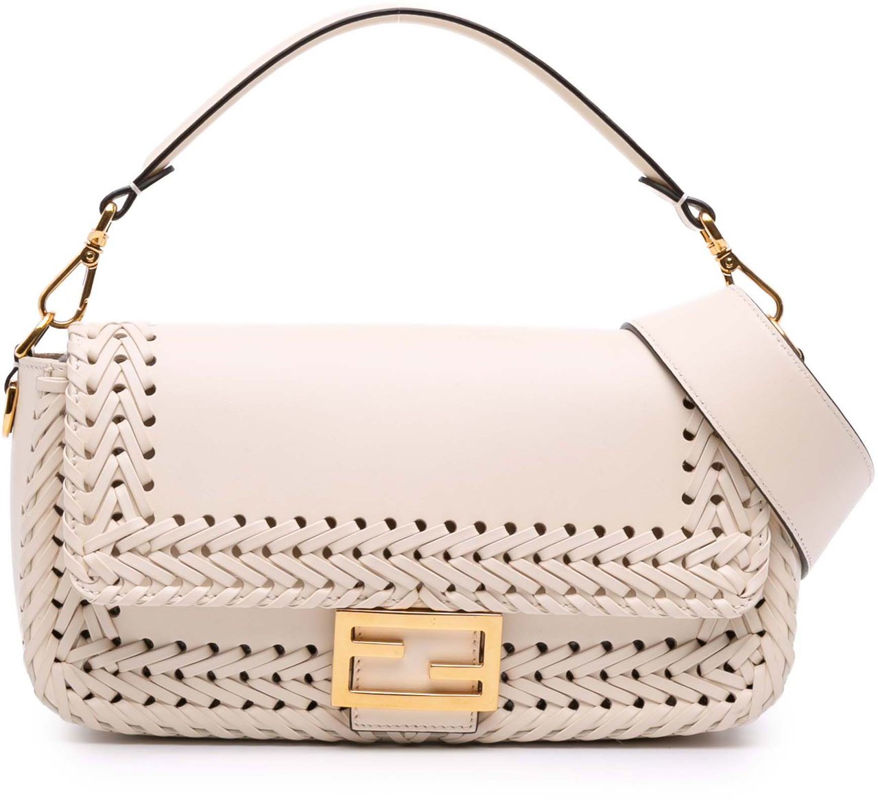 Fendi Woven Calfskin Vitello King Ceylon Baguette Satchel Bruin