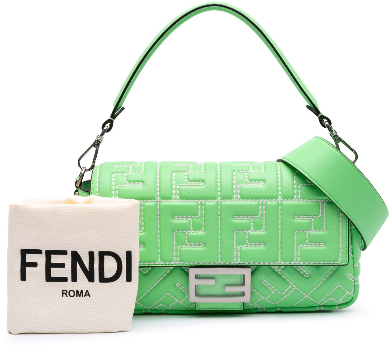 Fendi Medium Leather Embossed FF Baguette Satchel Groen