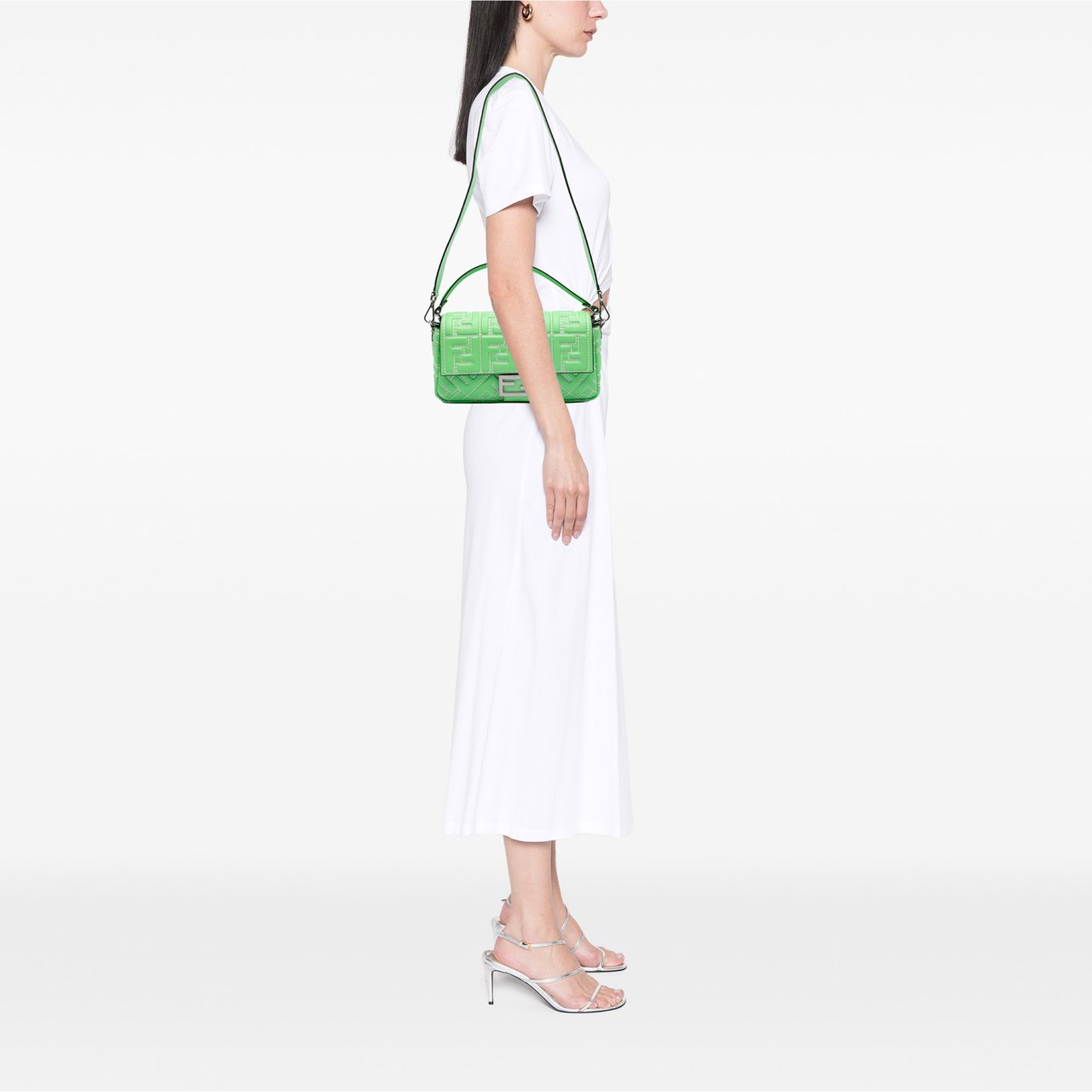 Fendi Medium Leather Embossed FF Baguette Satchel Groen
