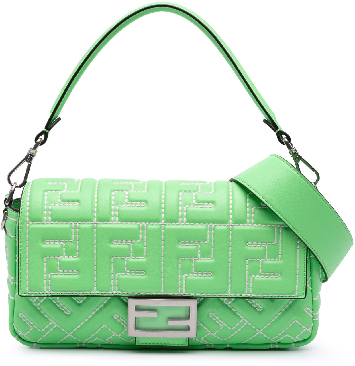 Fendi Medium Leather Embossed FF Baguette Satchel Groen