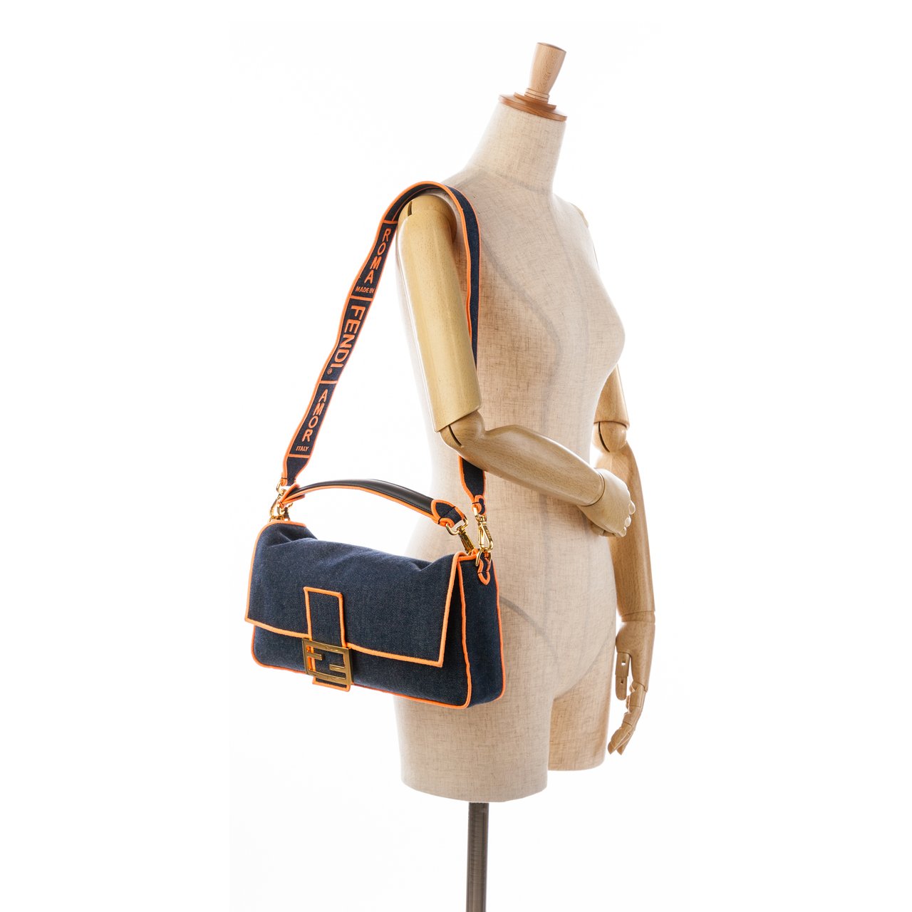 Fendi Large Denim Baguette Satchel Blauw