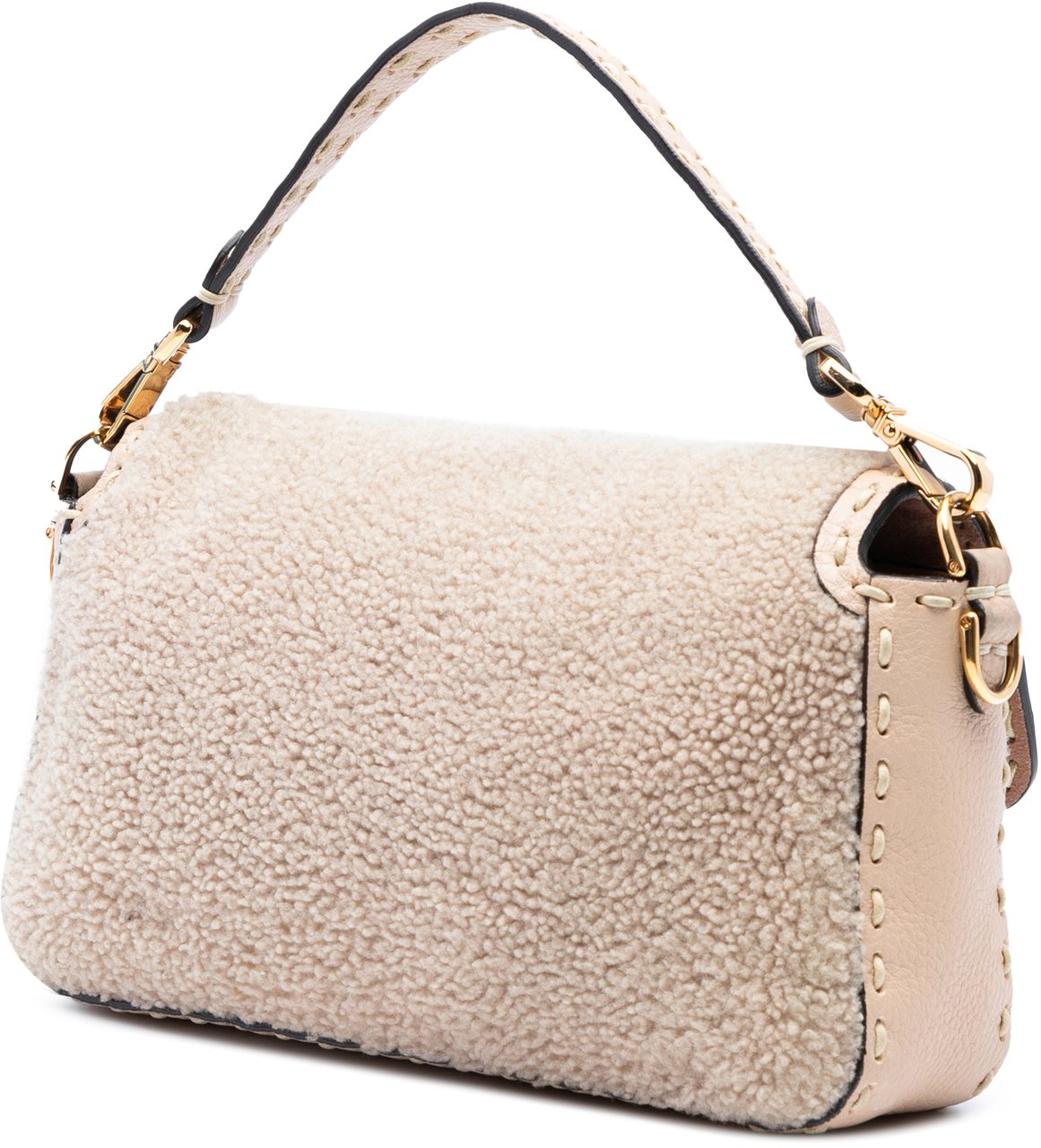 Fendi Medium Shearling Selleria Baguette Satchel Bruin