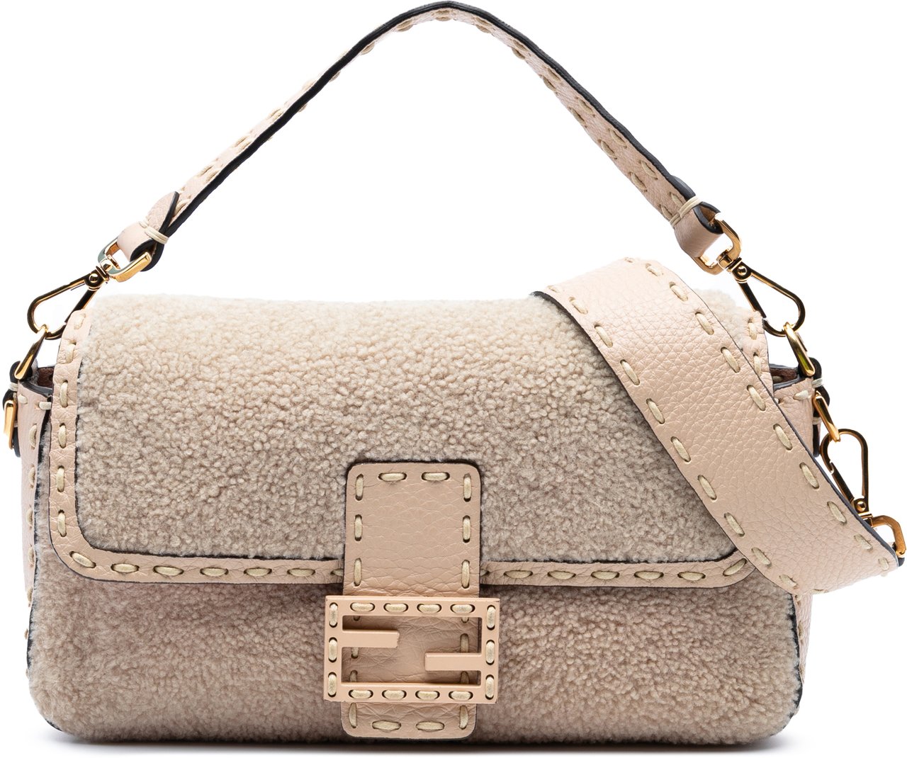 Fendi Medium Shearling Selleria Baguette Satchel Bruin
