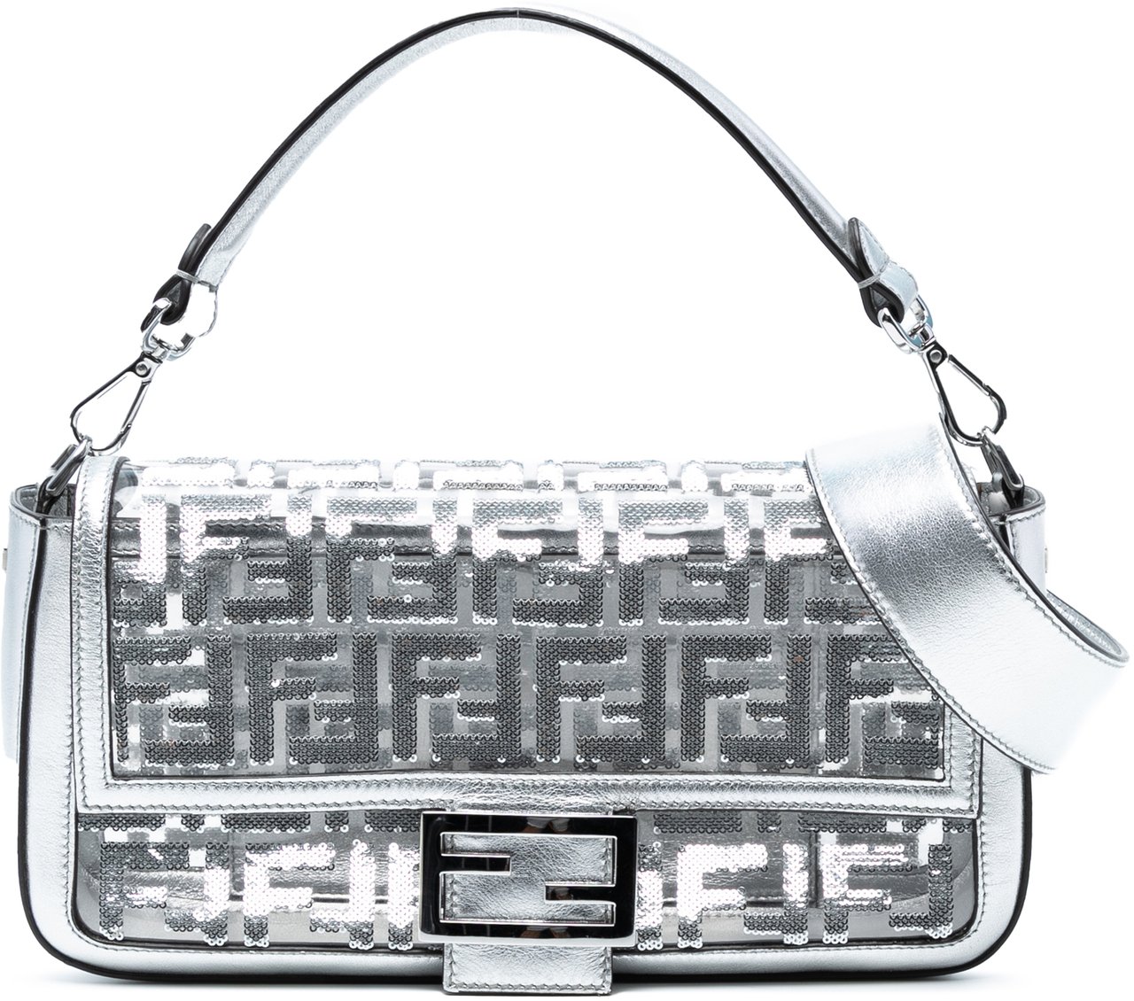 Fendi Nicki Minaj Medium Sequined PVC FF 1974 Baguette Satchel Zilver