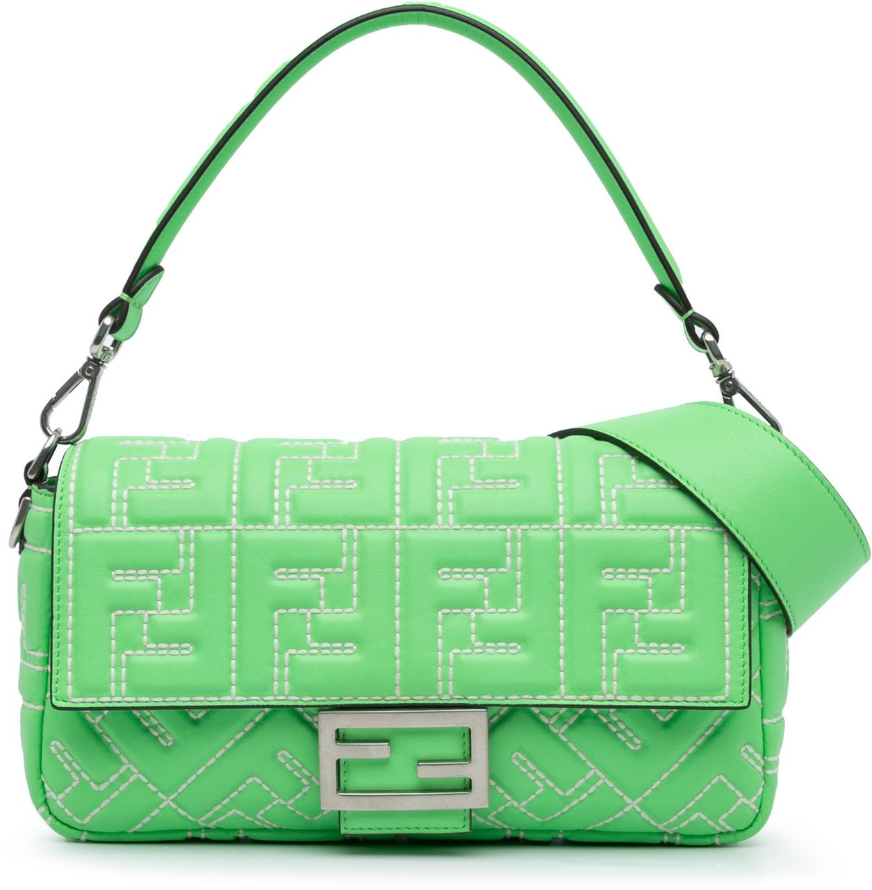 Fendi Zucca Embossed Stitched Leather Baguette Satchel Groen