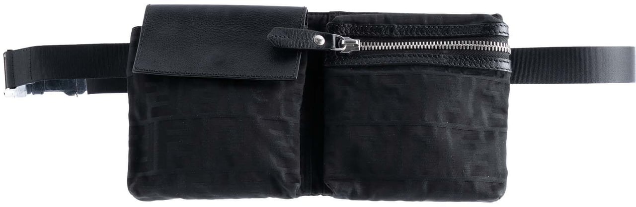 Fendi Zucca Canvas Double Pocket Belt Bag Zwart