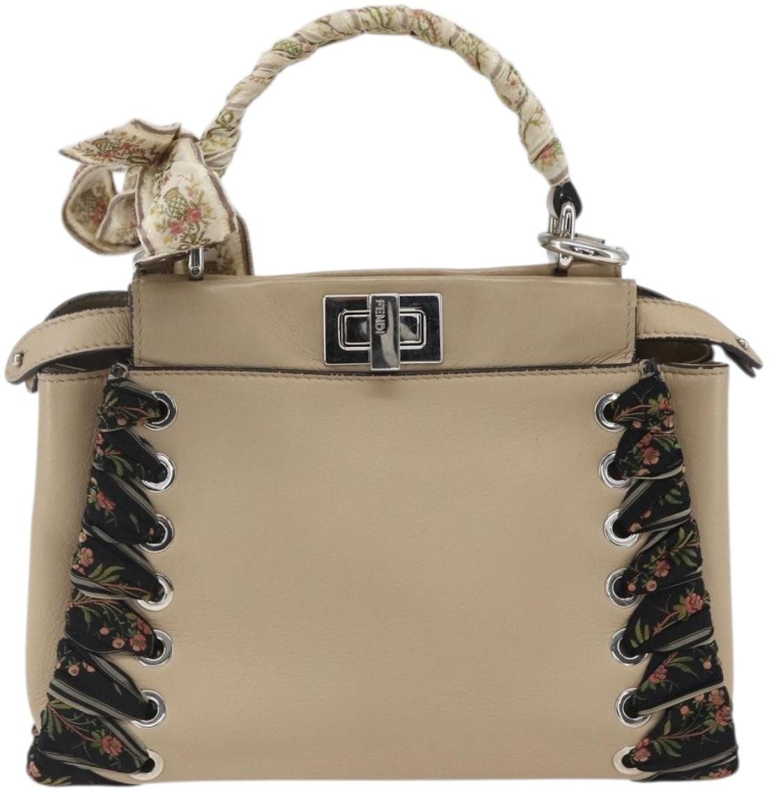 Fendi Fendi Peekaboo Bag Leather with Ribbon Whipstitch Mini Beige