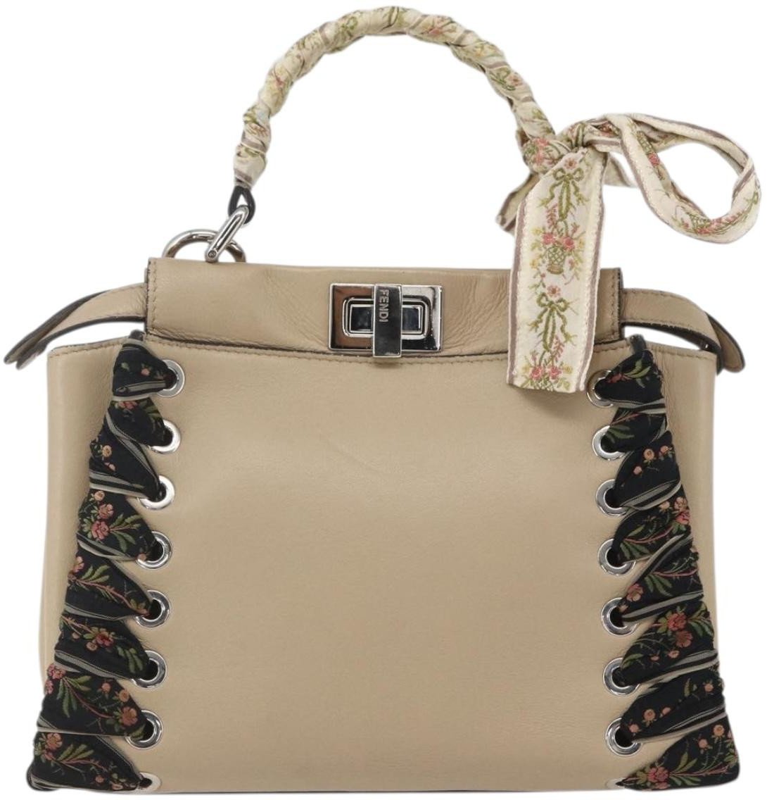 Fendi Fendi Peekaboo Bag Leather with Ribbon Whipstitch Mini Beige