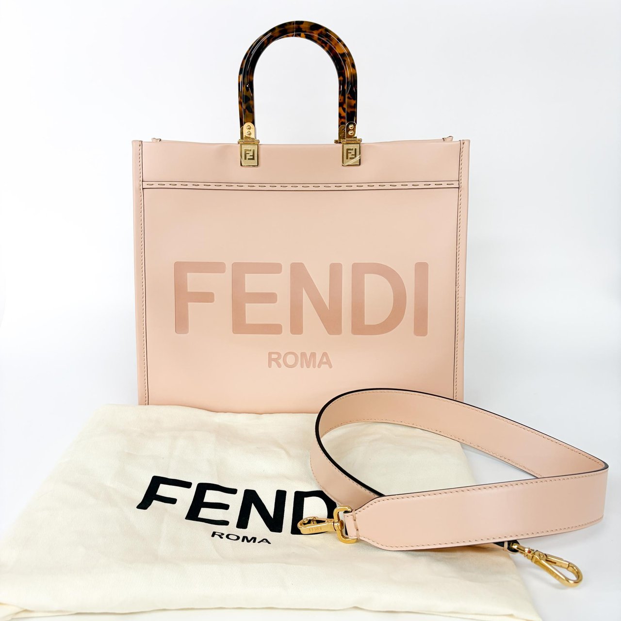 Fendi Sunshine Shopper Tote Whipstitch Leather Medium Roze