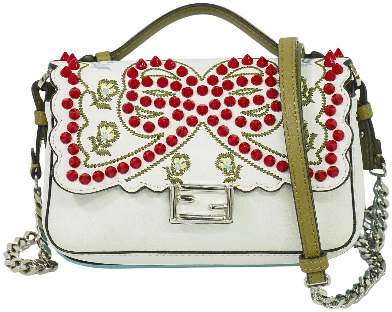 Fendi Fendi Double Baguette Embroidered Studded Leather Micro Wit