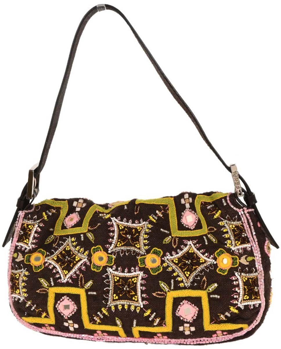 Fendi Fendi Vintage Baguette Shoulder Bag Embellished Denim Medium Bruin