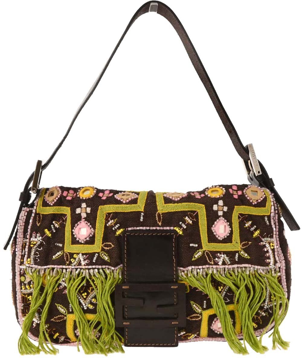 Fendi Fendi Vintage Baguette Shoulder Bag Embellished Denim Medium Bruin