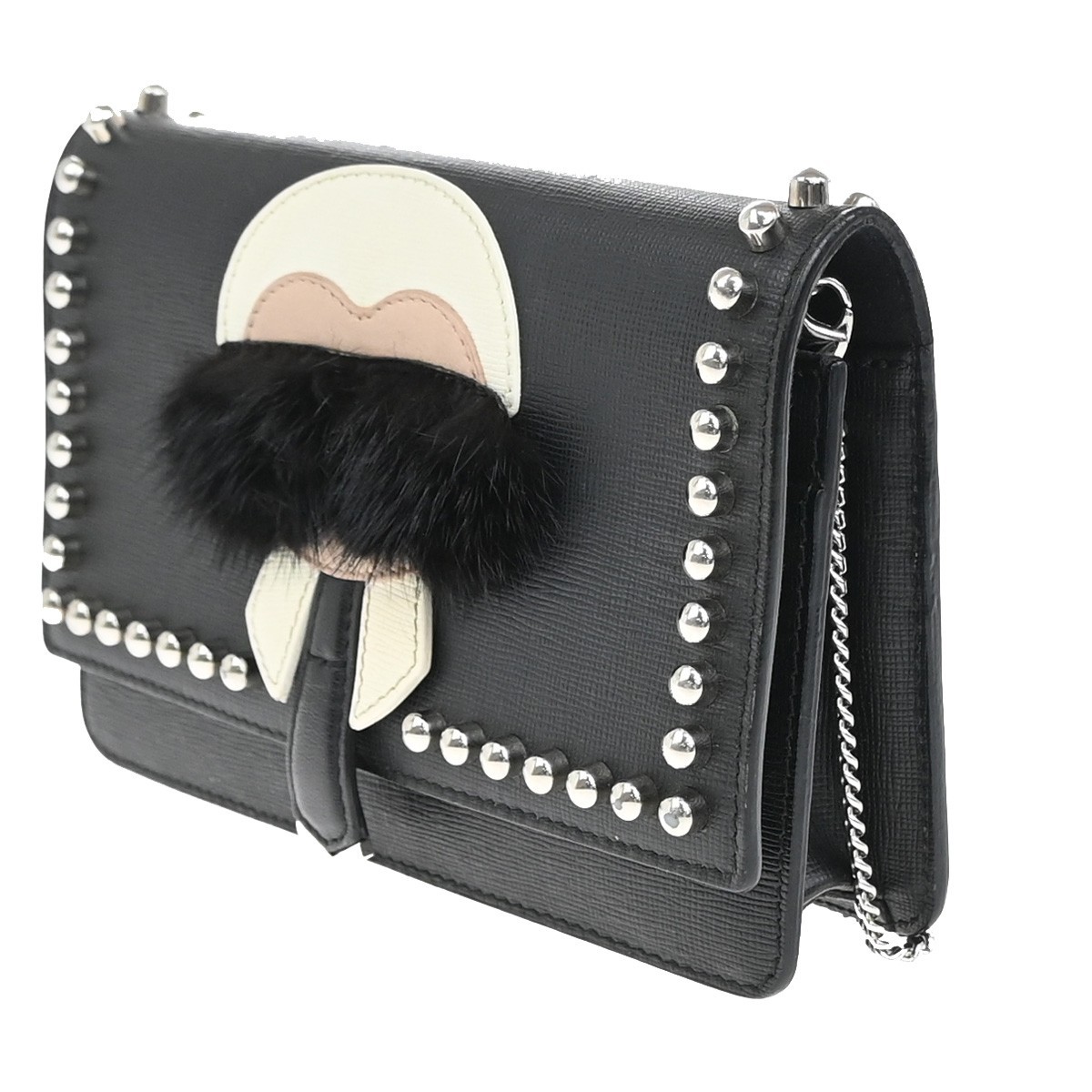 Fendi Fendi Karlito Wallet on Chain Studded Saffiano Leather Zwart