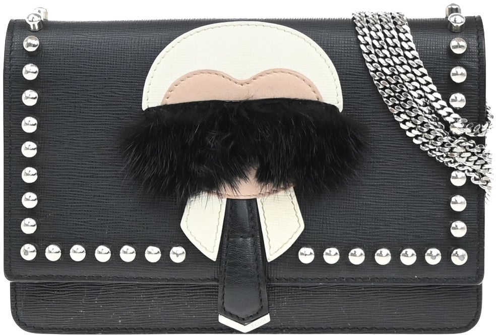 Fendi Fendi Karlito Wallet on Chain Studded Saffiano Leather Zwart