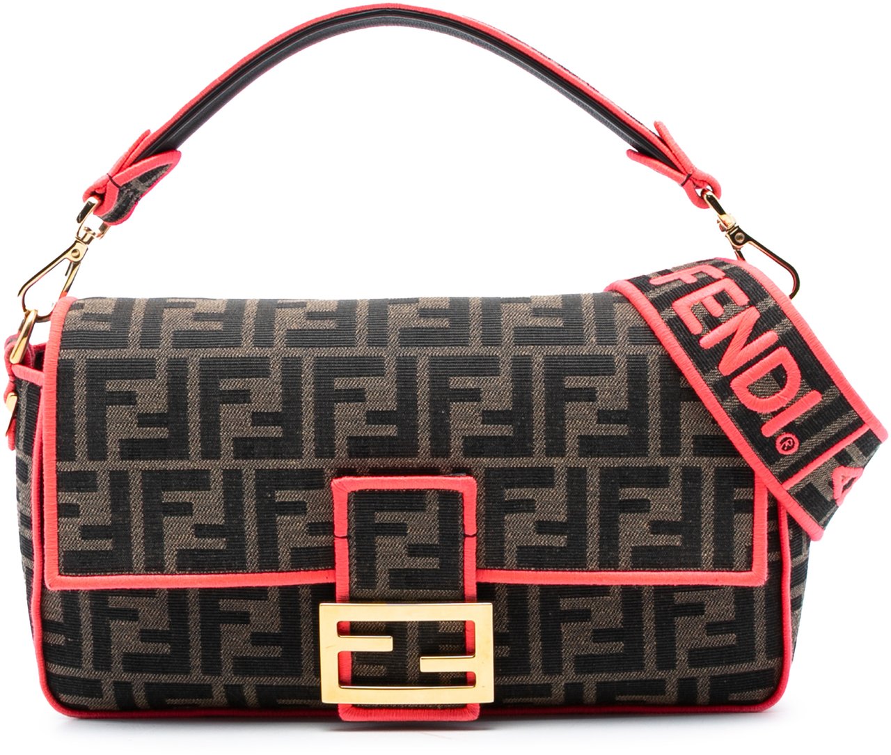 Fendi Medium Zucca Canvas Fluo Trim Baguette Satchel Bruin
