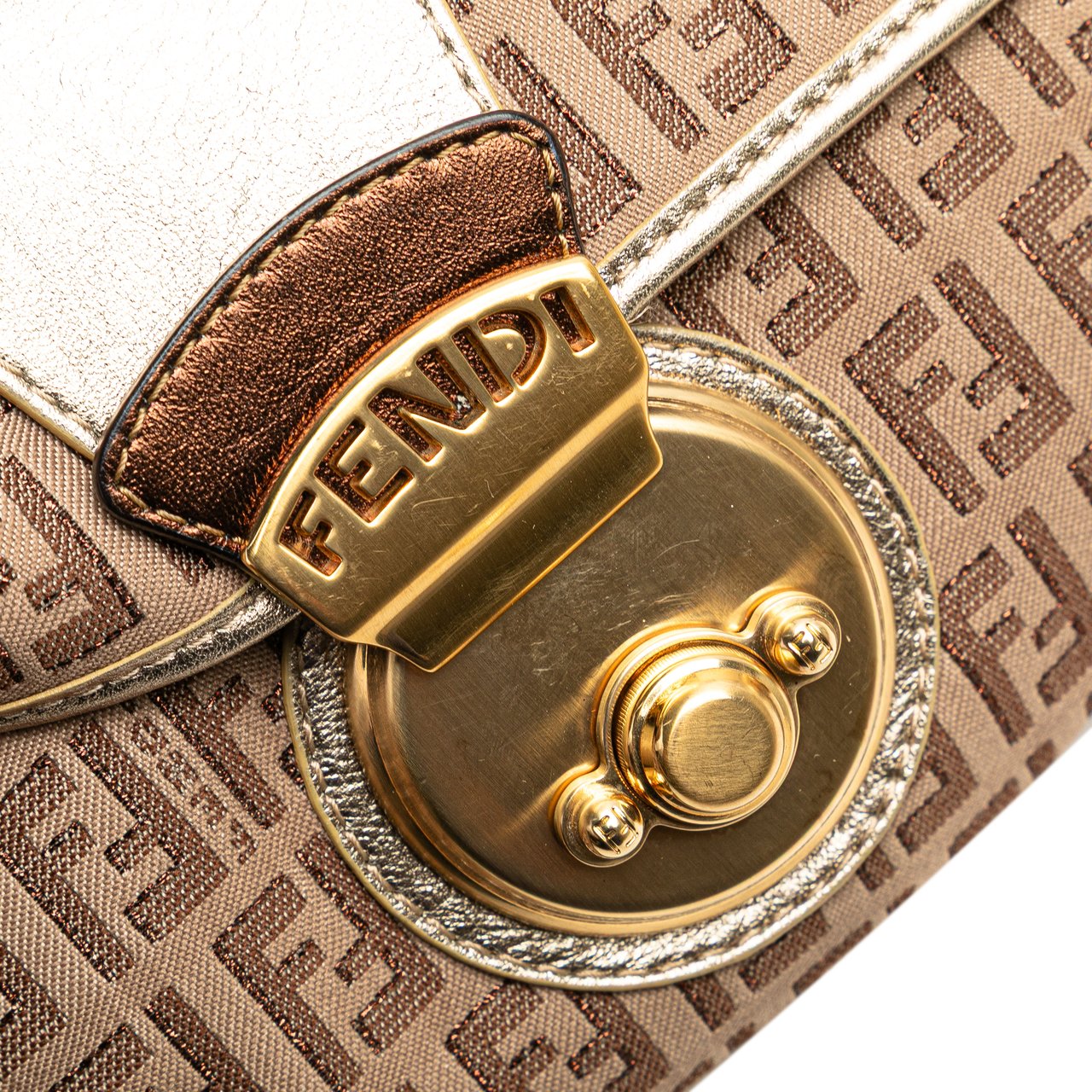 Fendi Zucchino Canvas and Metallic Leather Compilation Shoulder Bag Bruin