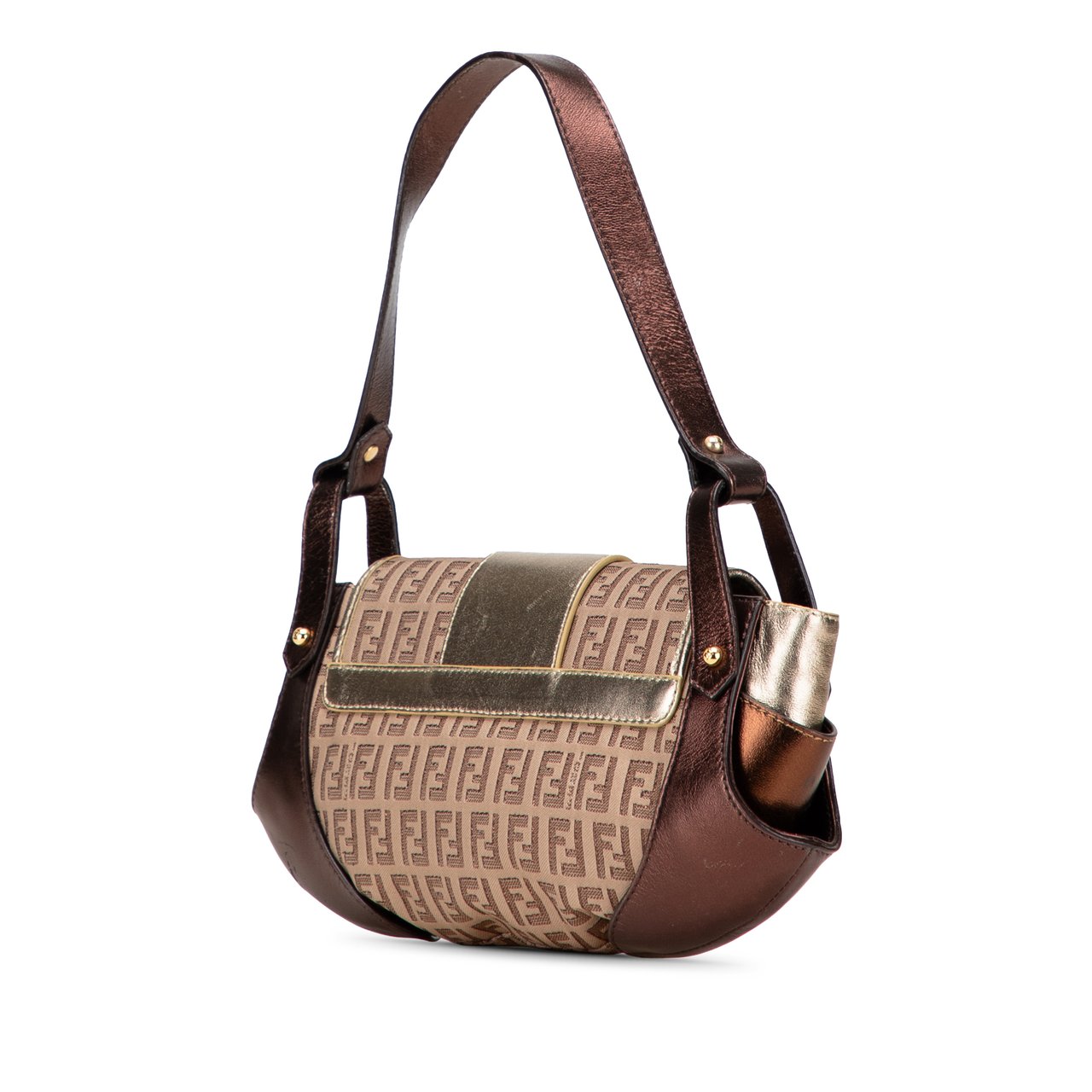 Fendi Zucchino Canvas and Metallic Leather Compilation Shoulder Bag Bruin