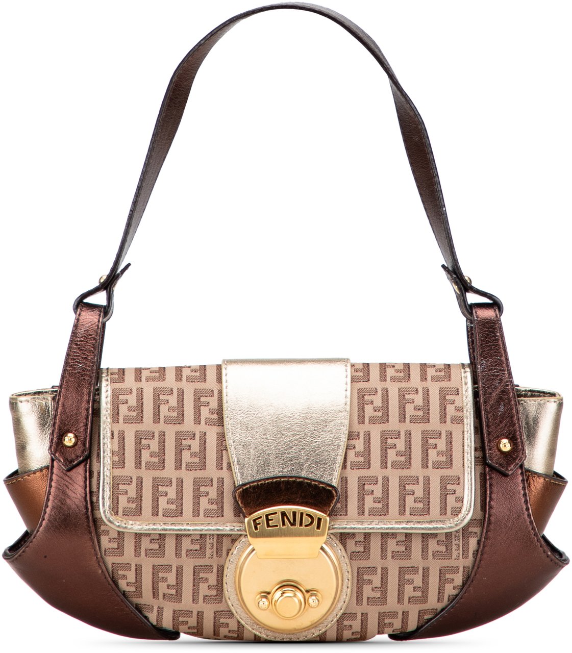 Fendi Zucchino Canvas and Metallic Leather Compilation Shoulder Bag Bruin