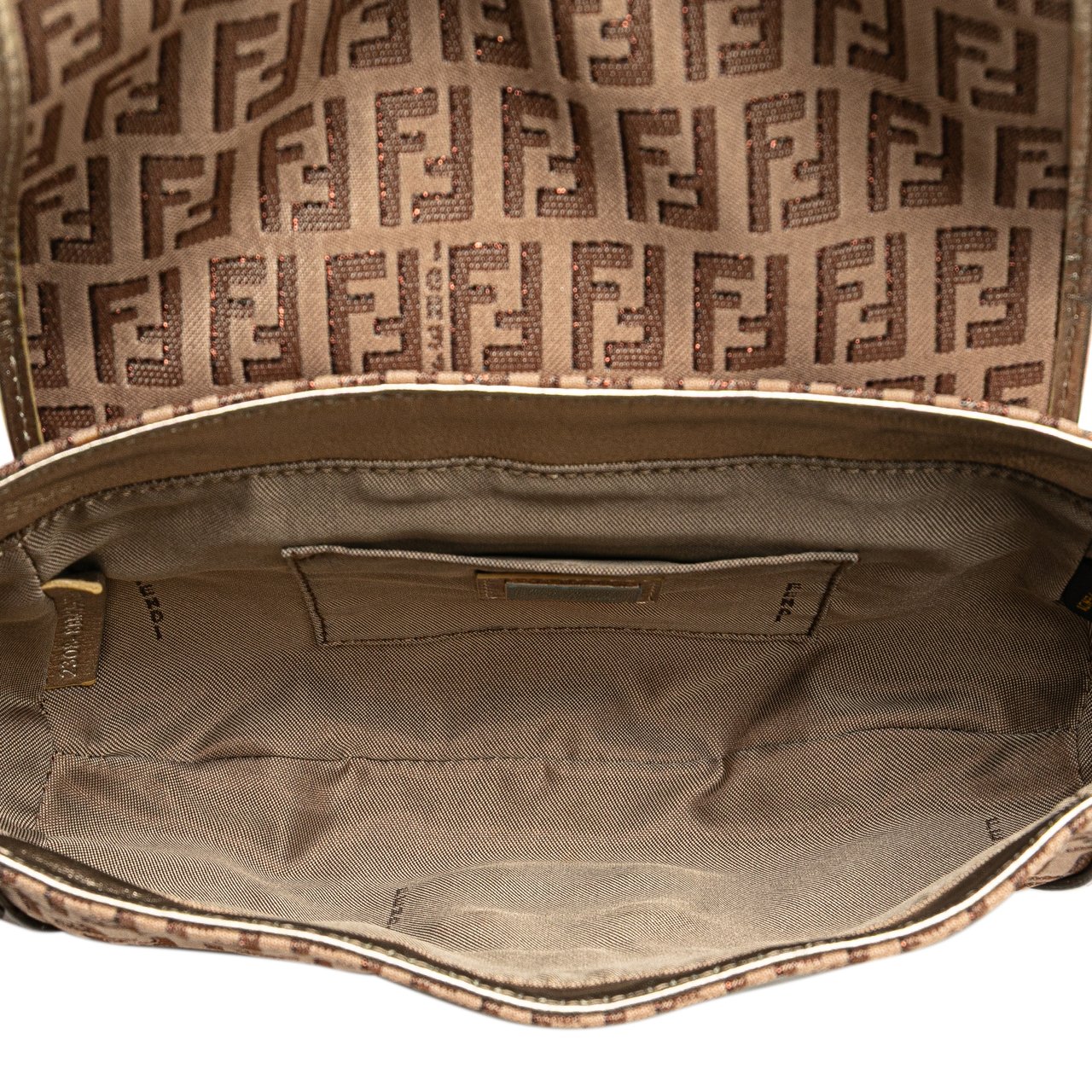 Fendi Zucchino Canvas and Metallic Leather Compilation Shoulder Bag Bruin
