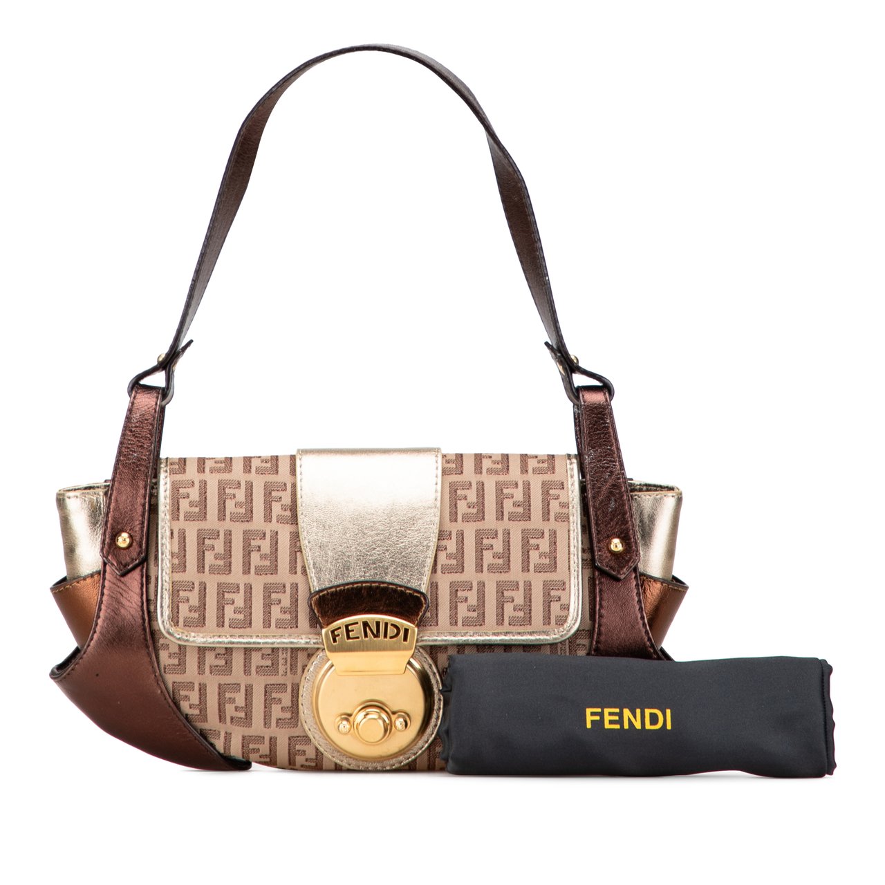 Fendi Zucchino Canvas and Metallic Leather Compilation Shoulder Bag Bruin