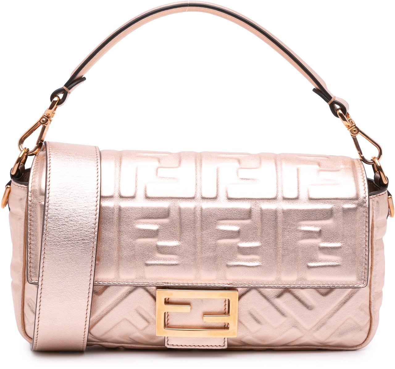 Fendi Zucca Embossed Metallic Leather Baguette Satchel Roze
