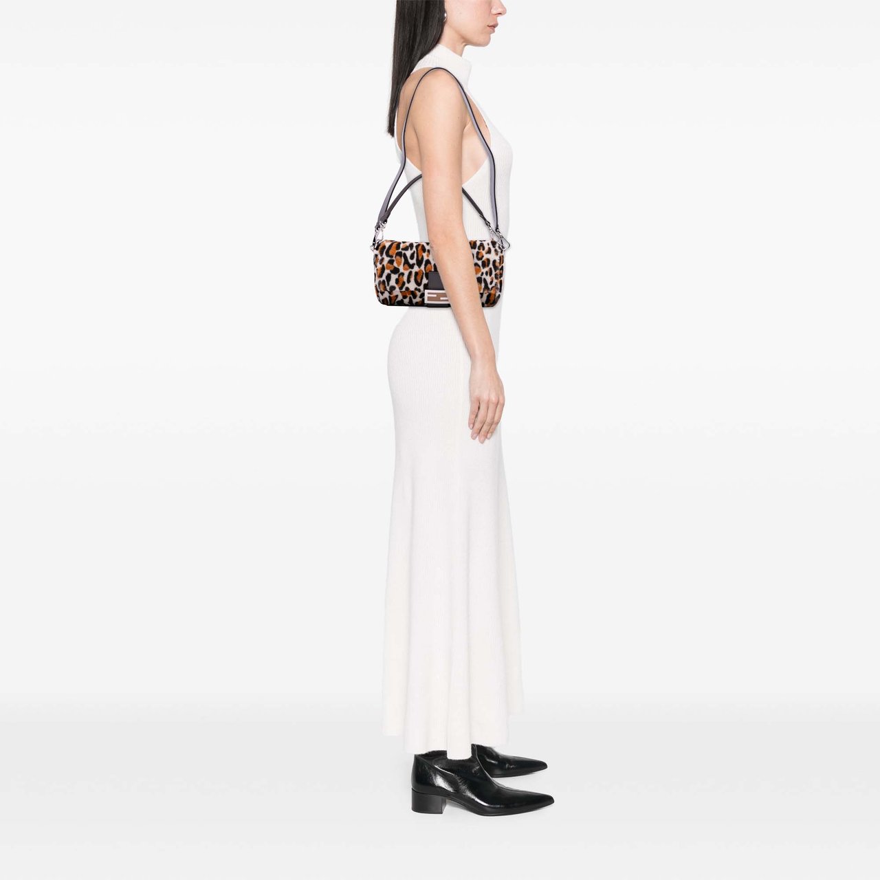 Fendi Leopard Print Calf Hair Baguette Satchel Bruin