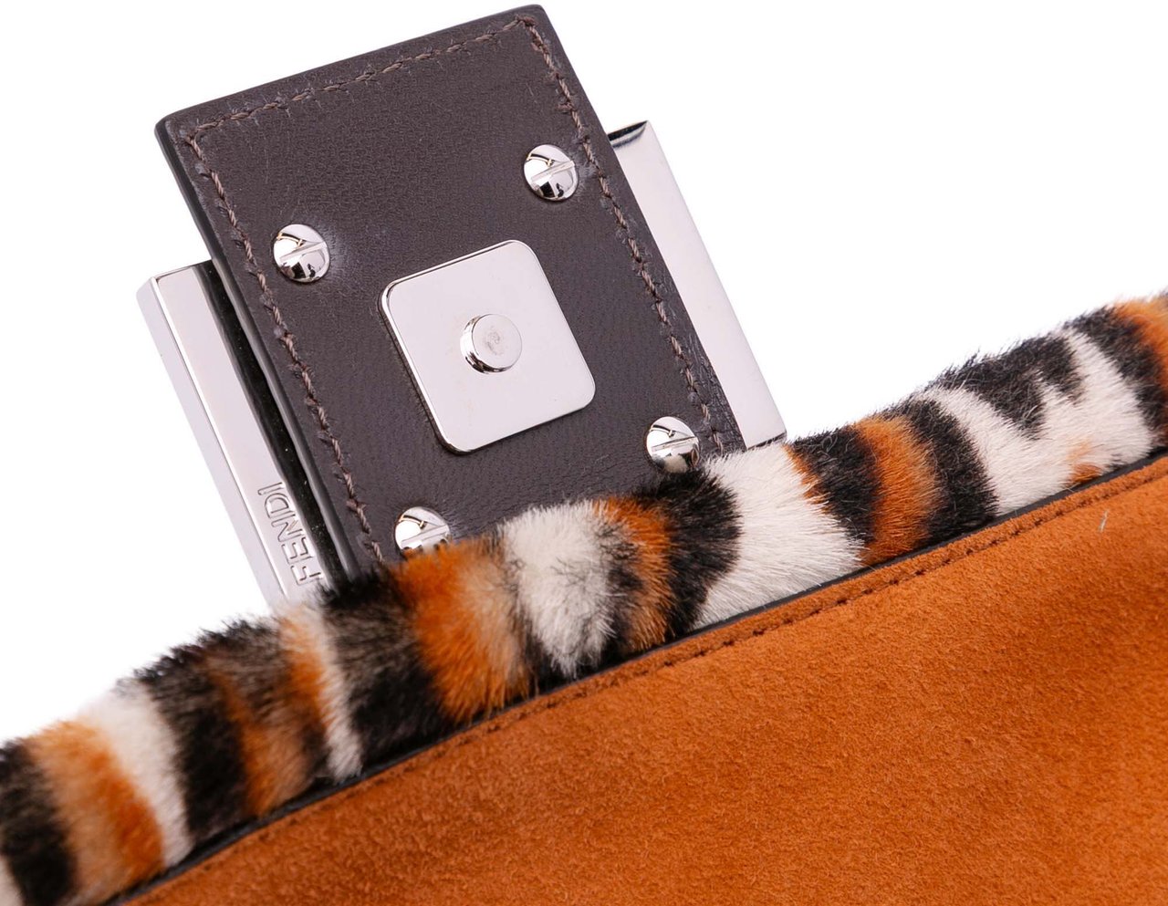 Fendi Leopard Print Calf Hair Baguette Satchel Bruin