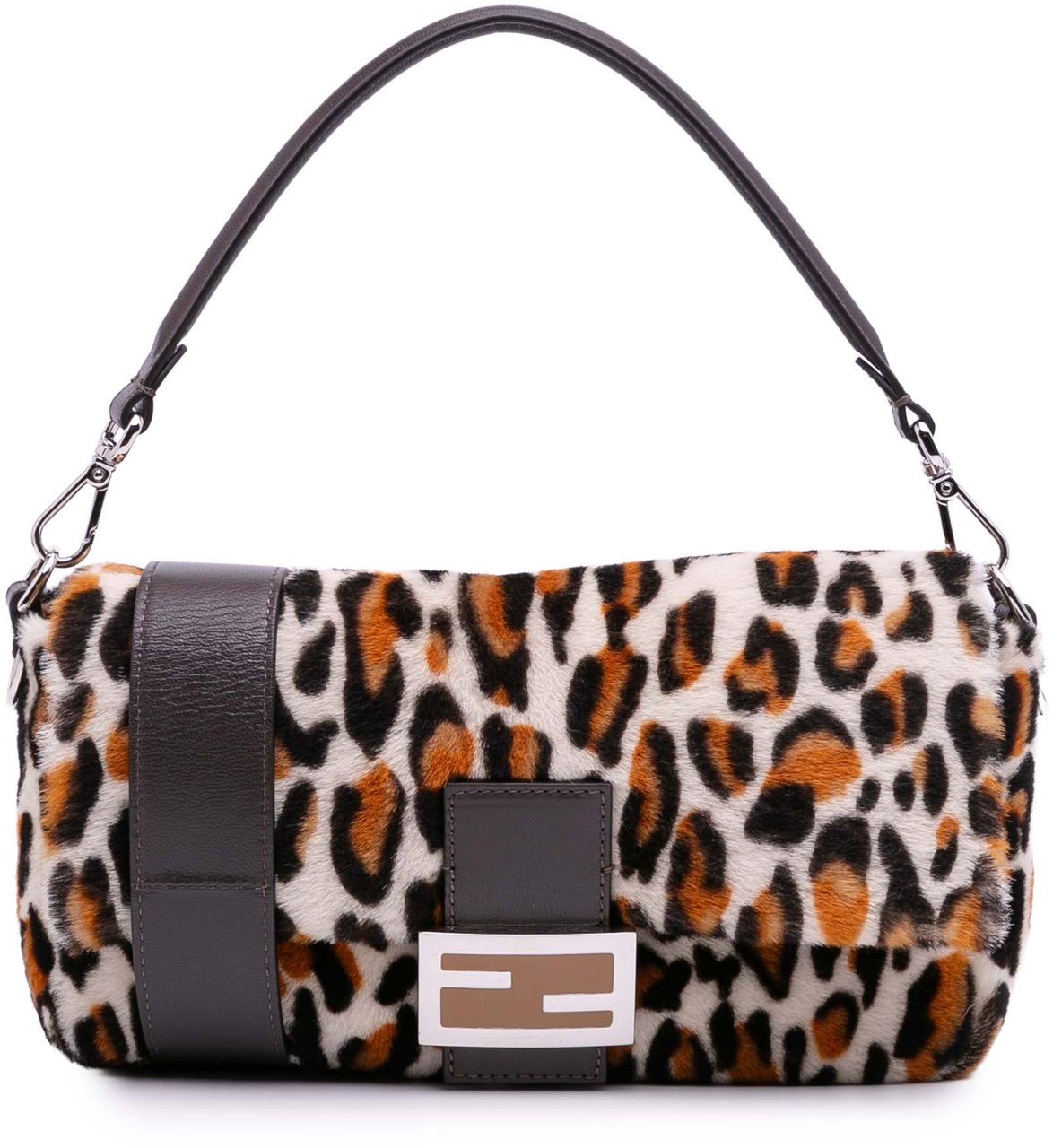 Fendi Leopard Print Calf Hair Baguette Satchel Bruin