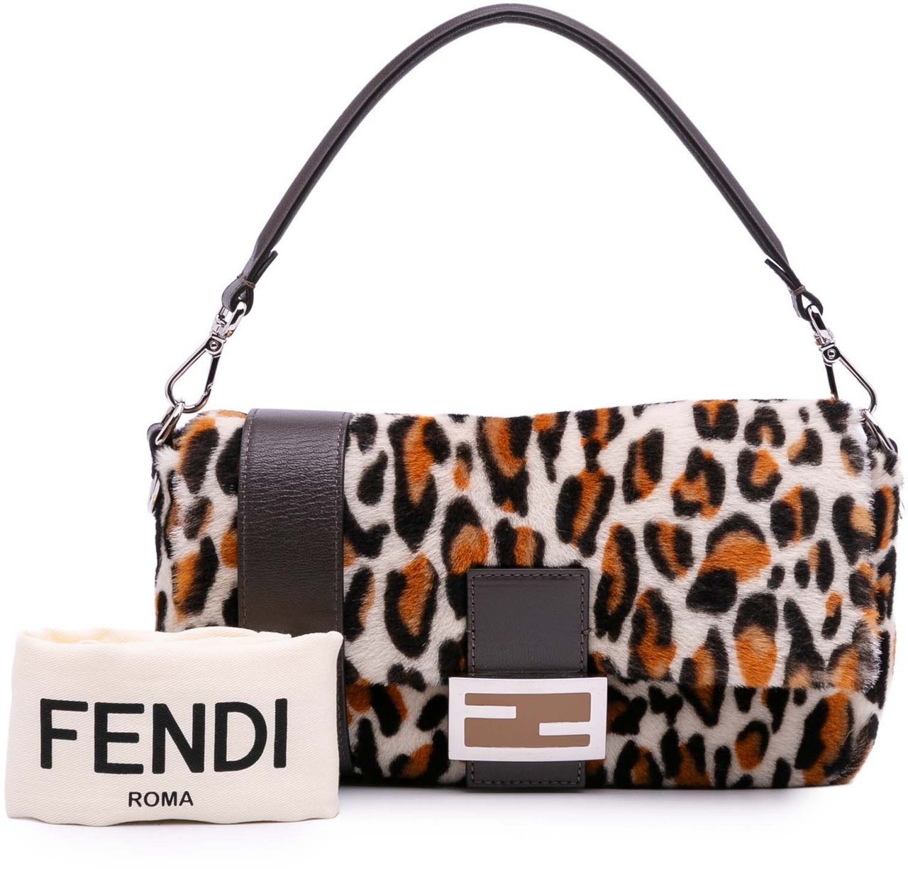Fendi Leopard Print Calf Hair Baguette Satchel Bruin