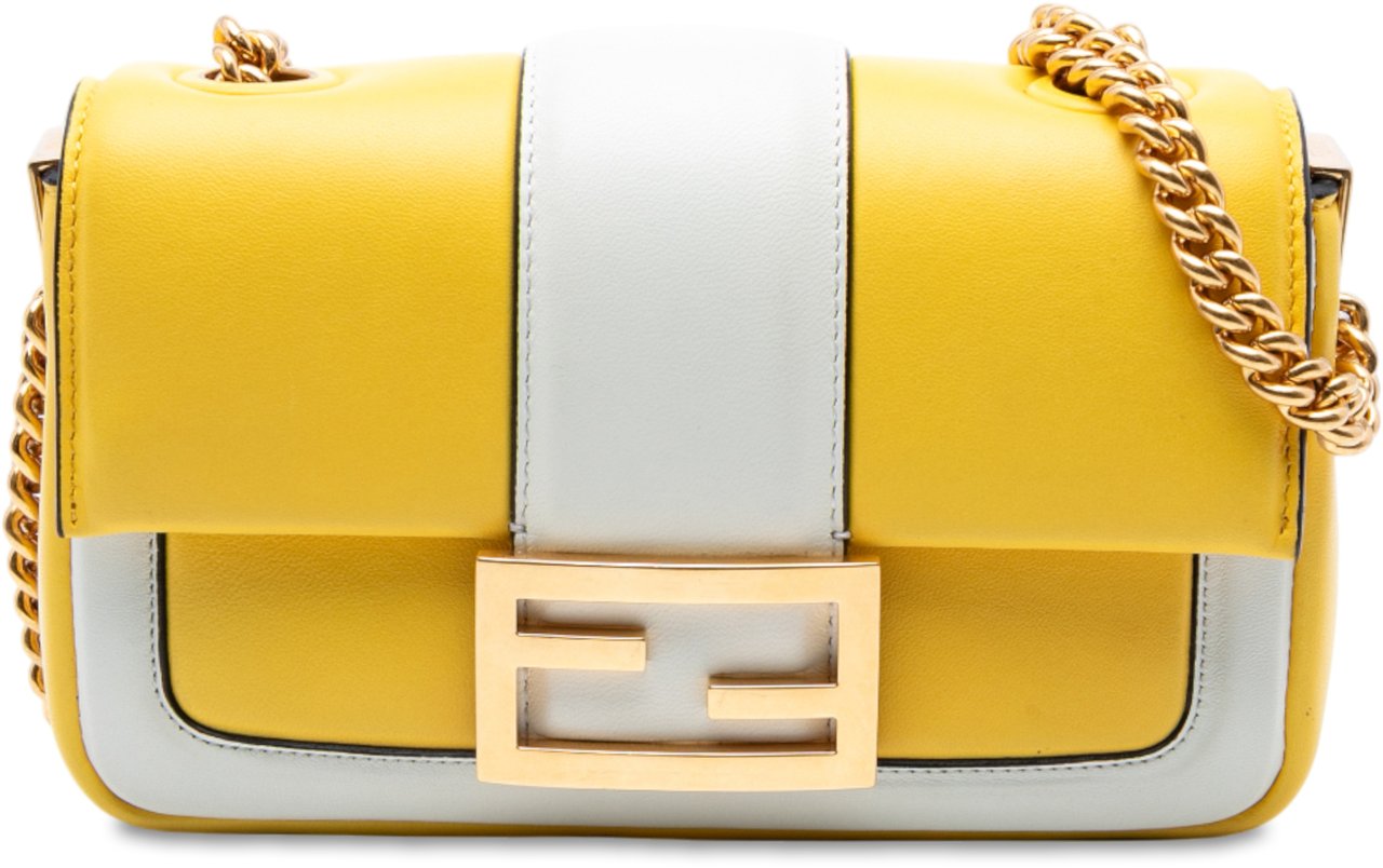 Fendi Mini Bicolor Nappa Apolo Chain Baguette Shoulder Bag Geel