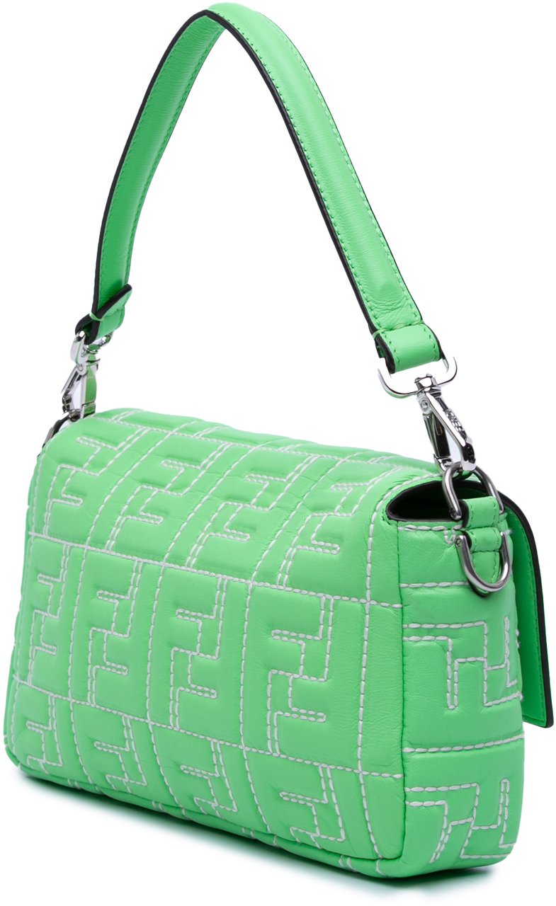 Fendi Zucca Embossed Stitched Leather Baguette Satchel Groen