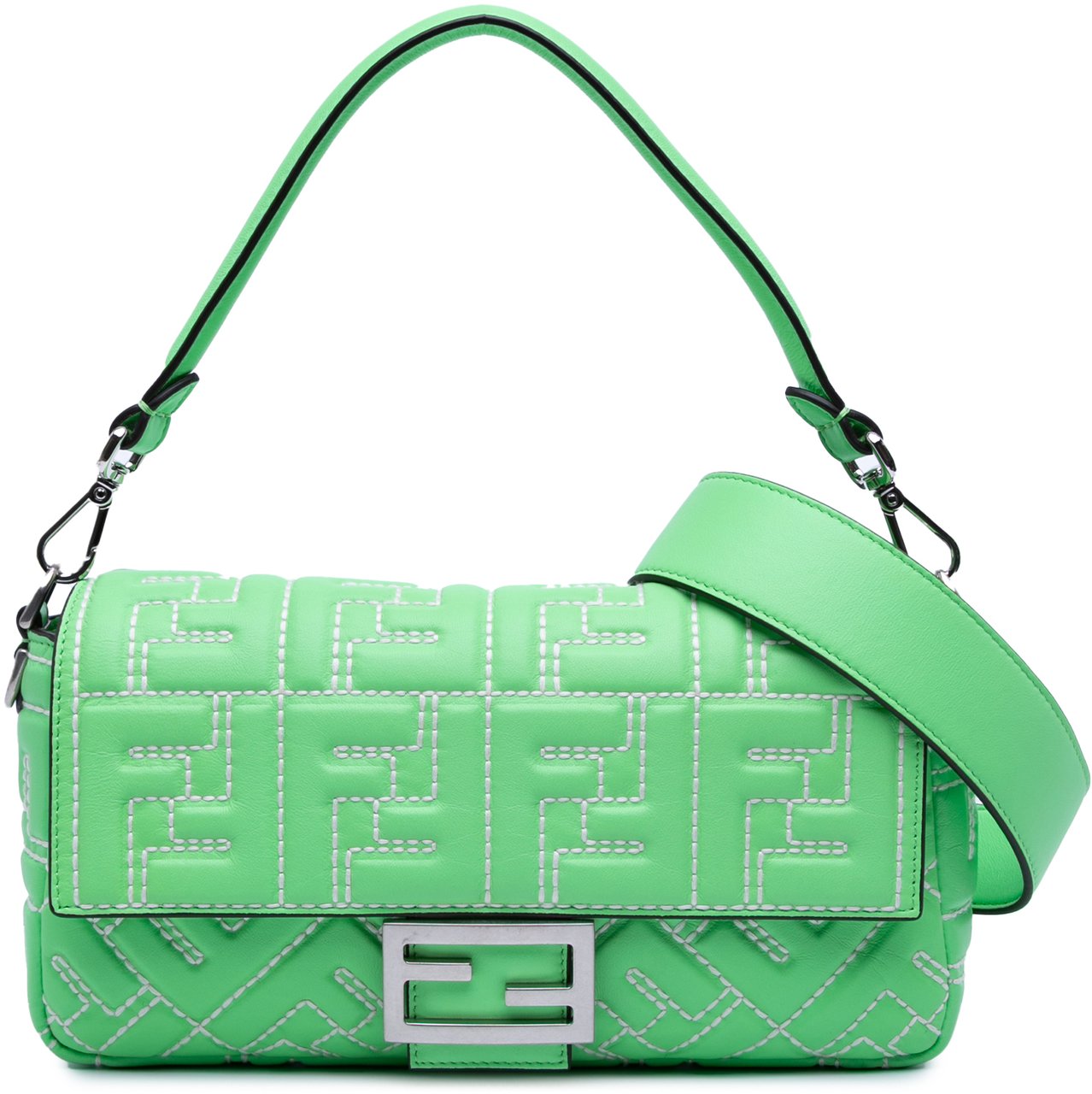 Fendi Zucca Embossed Stitched Leather Baguette Satchel Groen