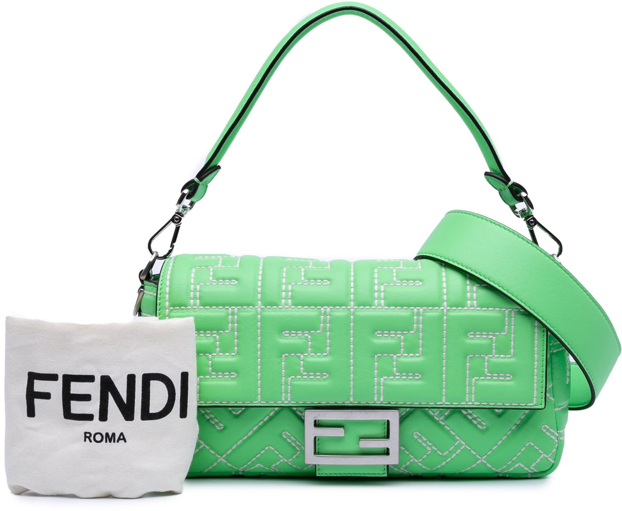 Fendi Zucca Embossed Stitched Leather Baguette Satchel Groen