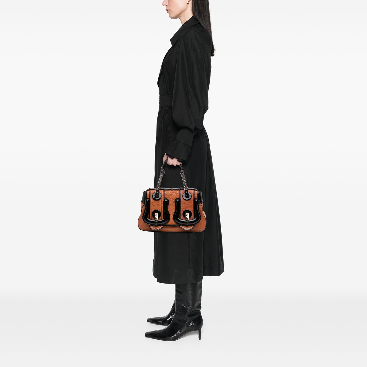 Fendi Medium Leather B Bag Top Handle Bag Bruin