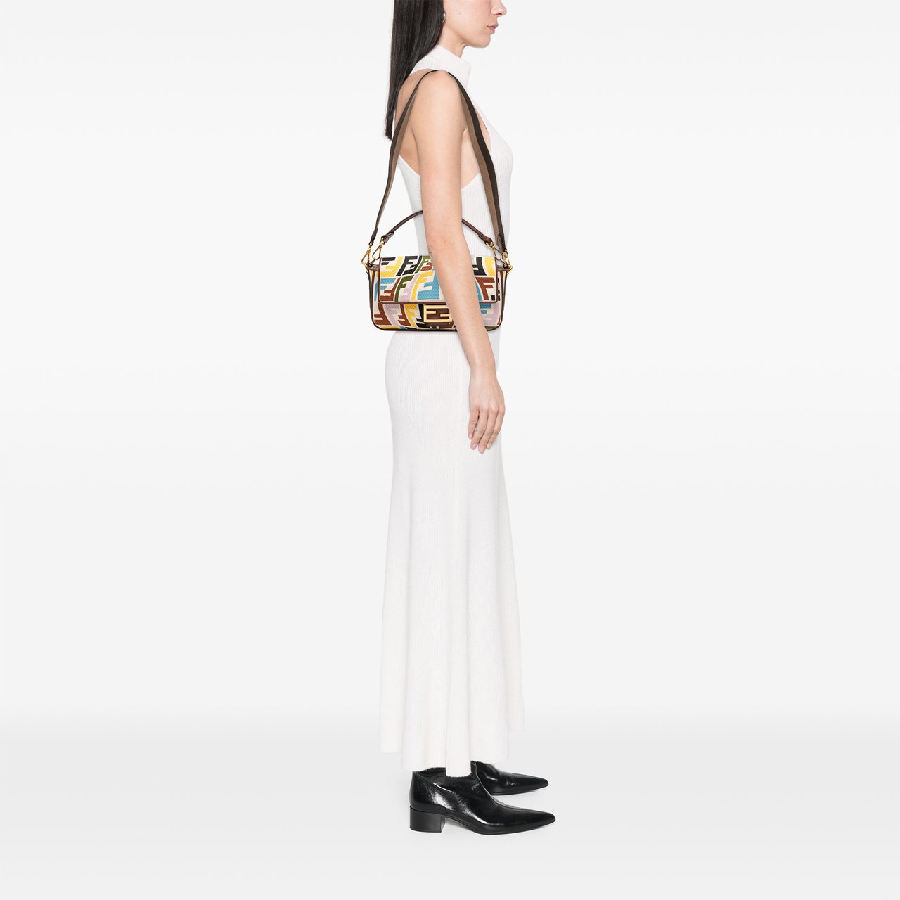 Fendi Sarah Coleman Zucca Embroidered Canvas Fish Eye Vertigo Baguette Satchel Bruin