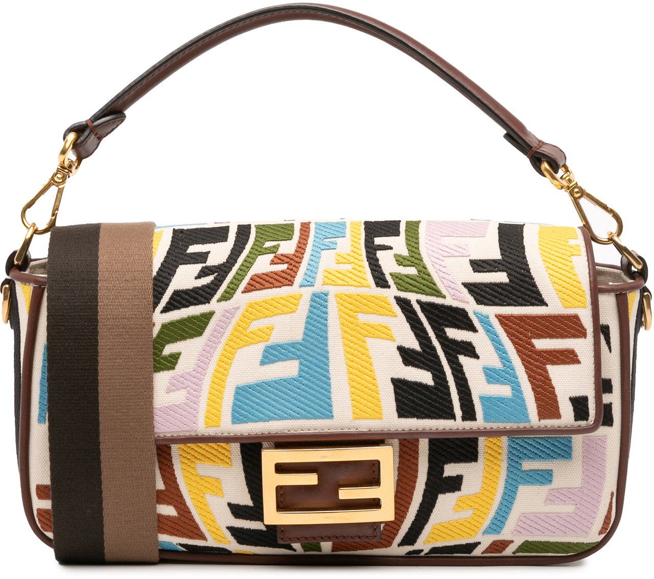 Fendi Sarah Coleman Zucca Embroidered Canvas Fish Eye Vertigo Baguette Satchel Bruin