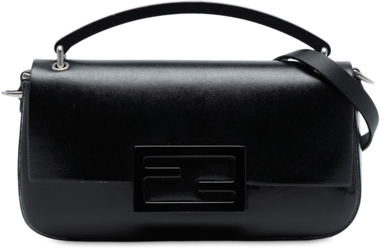 Fendi Calfskin and Patent Baguette Phone Pouch Satchel Zwart