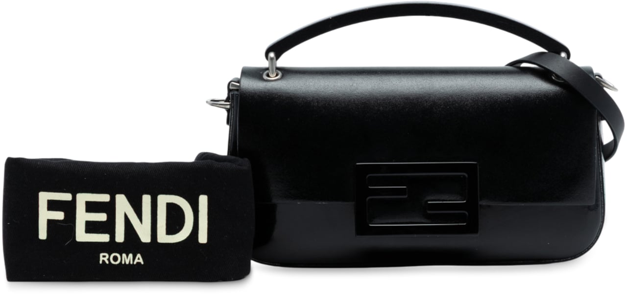 Fendi Calfskin and Patent Baguette Phone Pouch Satchel Zwart