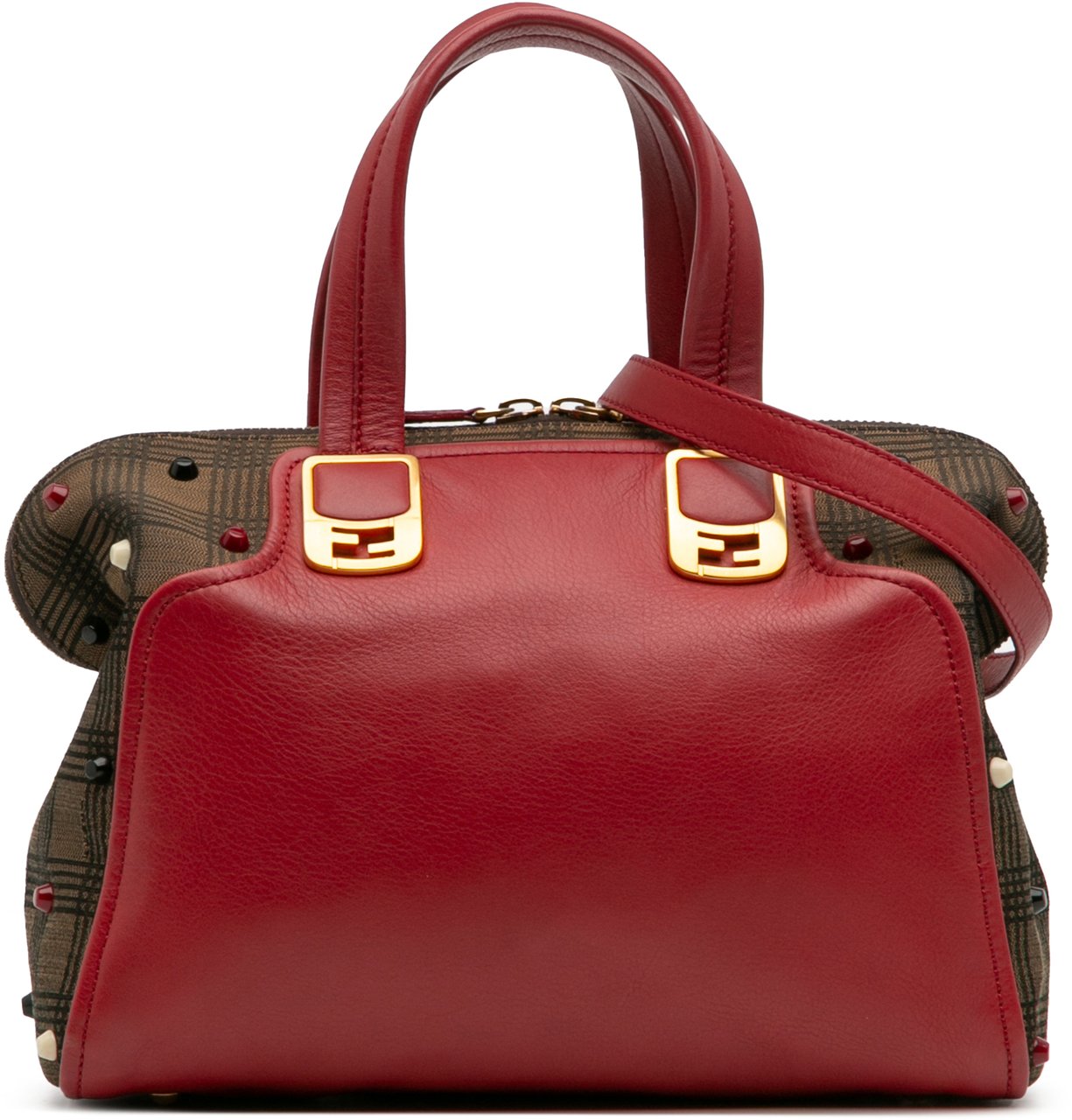 Fendi Leather and Studded Canvas Colorblock Chameleon Satchel Rood